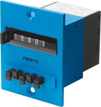 Festo 15608 predetermining counter PZV-E-C Subtracting, with pneumatic reset. Design structure: mechanical sequence counter with pneumatic drive, Type of reset: Pushbutton or pneumatic signal, Display: 5-place, Release pressure, drive unit: 0,2 ± 0,1 bar, Release pre