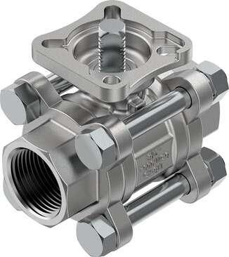 Festo 4809118 ball valve VZBE-3/4-T-63-T-2-F0304-V15V15 Stainless steel, 2/2-way, nominal width 3/4", top flange F0304, PN63, ASME B1.20.1 - NPT. Design structure: 2-way ball valve, Type of actuation: mechanical, Sealing principle: soft, Assembly position: Any, Mountin