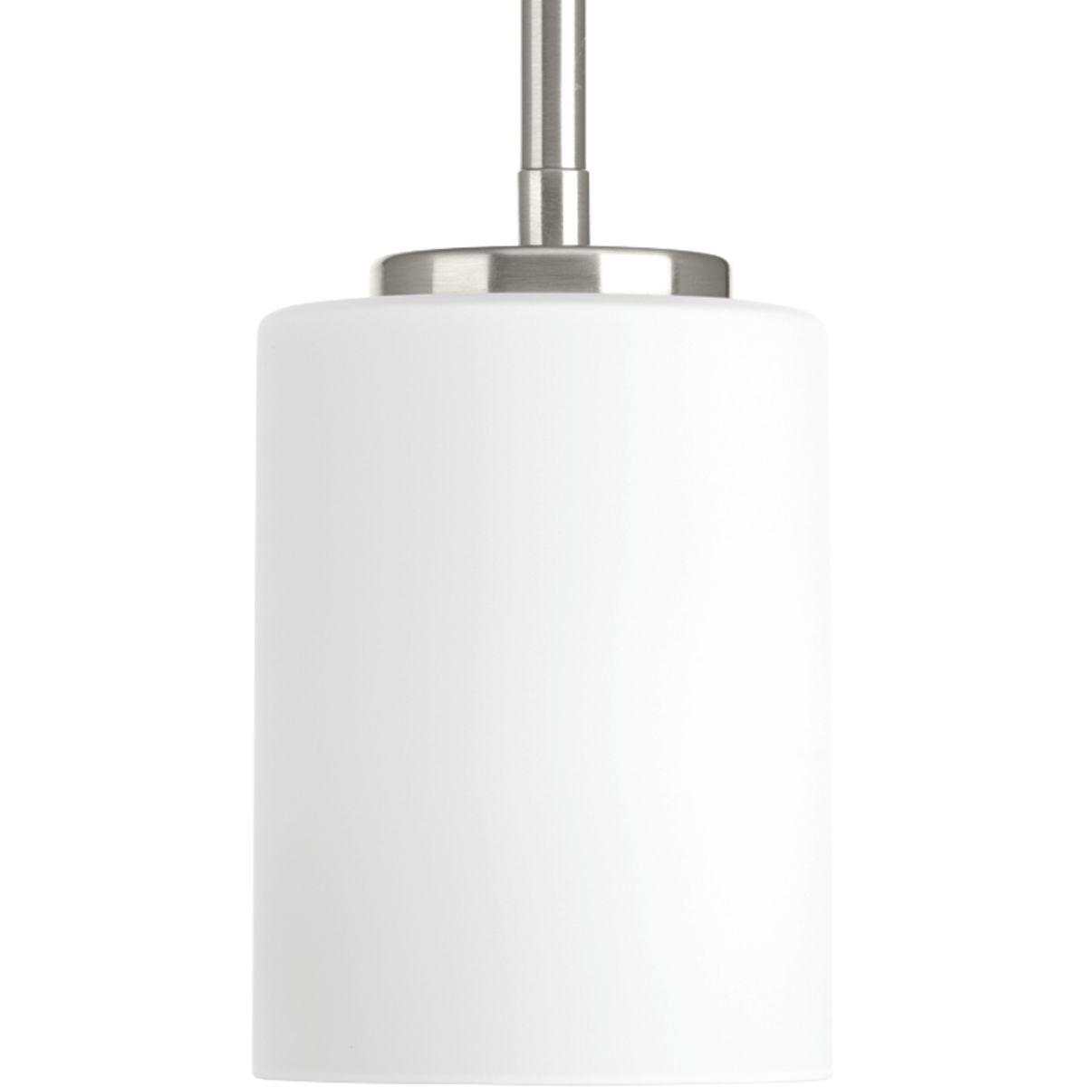 Hubbell P5170-09 One-light mini-pendant from the Replay Collection, features a linear form that provides a pleasingly elegant accent to your home. A sleek, metallic finish is complemented by white glass diffusers for a clean, modern silhouette. Brushed Nickel finish.  ; S