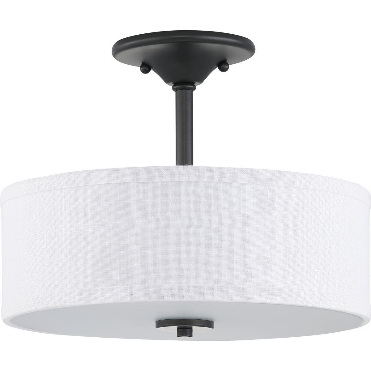 Hubbell P350129-143 Harkening back to a simpler time, the Inspire Collection freshens traditional forms with flowing lines. The two-light semi-flush fixture features an etched glass diffuser with a summer linen shade finished with Graphite details. This fixture is suitable f