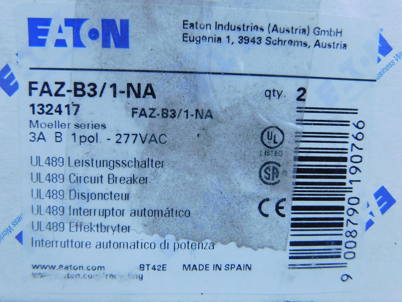 Eaton FAZ-B3/1-NA 277/480 VAC 50/60 Hz, 3 A, 1-Pole, 10/14 kA, 3 to 5 x Rated Current, Screw Terminal, DIN Rail Mount, Standard Packaging, B-Curve, Current Limiting, Thermal Magnetic