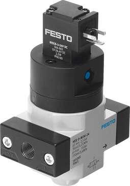 Festo 165068 on-off valve HEE-1/8-D-MINI-24 Used in conjunction with service units. Operating pressure: 2,5 - 16 bar, Characteristic coil data: 24 V DC: 3 W, Permissible voltage fluctuation: +/- 10 %, Operating medium: (* Compressed air in accordance with ISO8573-1:20