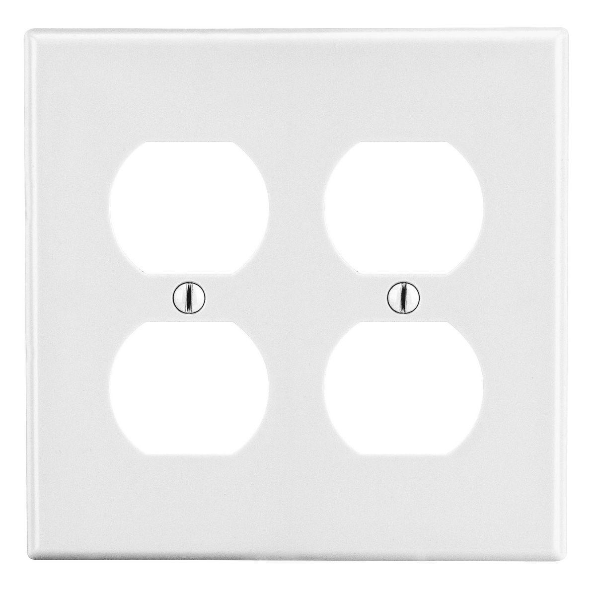 Hubbell PJ82W Wallplate, Mid-Size 2-Gang, 2) Duplex, White  ; High-impact, self-extinguishing polycarbonate material ; More Rigid ; Sharp lines and less dimpling ; Smooth satin finish ; Blends into wall with an optimum finish ; Smooth Satin Finish