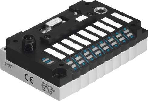 Festo 165809 electrical interface CPV10-GE-DI01-8 CP string extension: (* Yes, * 16 inputs, * 8 outputs (or 16 valves)), Fieldbus interface: (* Optional, * Socket and plug, M12x1, 5-pin, B-coded, * Sub-D, 9-pin, socket), Device-specific diagnostics: (* via device-rela