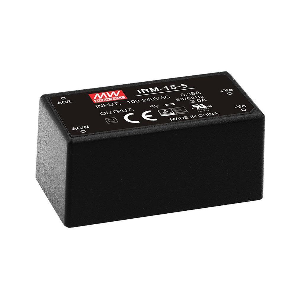 MEAN WELL IRM-15-5 AC-DC Single output Encapsulated power supply; Input 85-264Vac; Output 5Vdc at 3.0A; PCB mount; miniature size