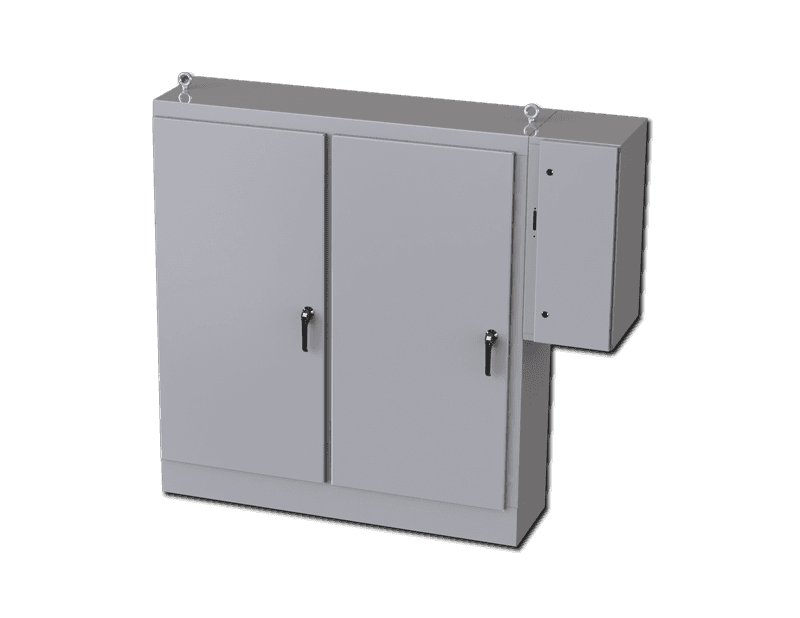 Saginaw Control SCE-72XD6618 2DR XD Enclosure, Height:72.00", Width:65.75", Depth:18.00", ANSI-61 gray powder coating inside and out. Sub-panels are powder coated white.