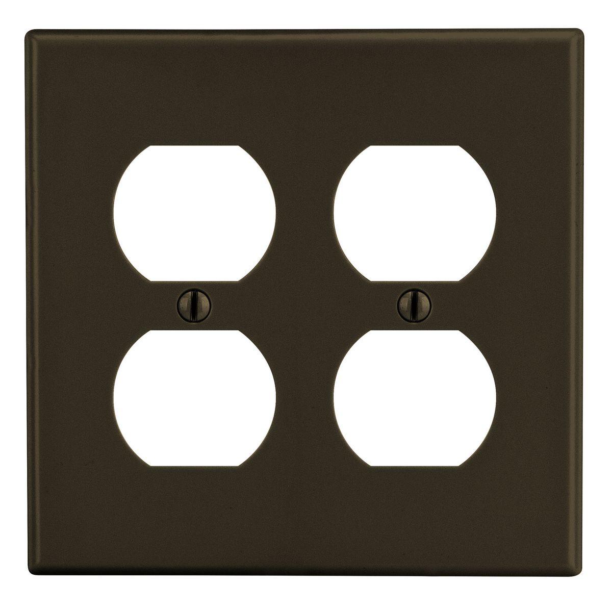 Hubbell PJ82 Wallplate, Mid-Size 2-Gang, 2) Duplex, Brown  ; High-impact, self-extinguishing polycarbonate material ; More Rigid ; Sharp lines and less dimpling ; Smooth satin finish ; Blends into wall with an optimum finish ; Smooth Satin Finish