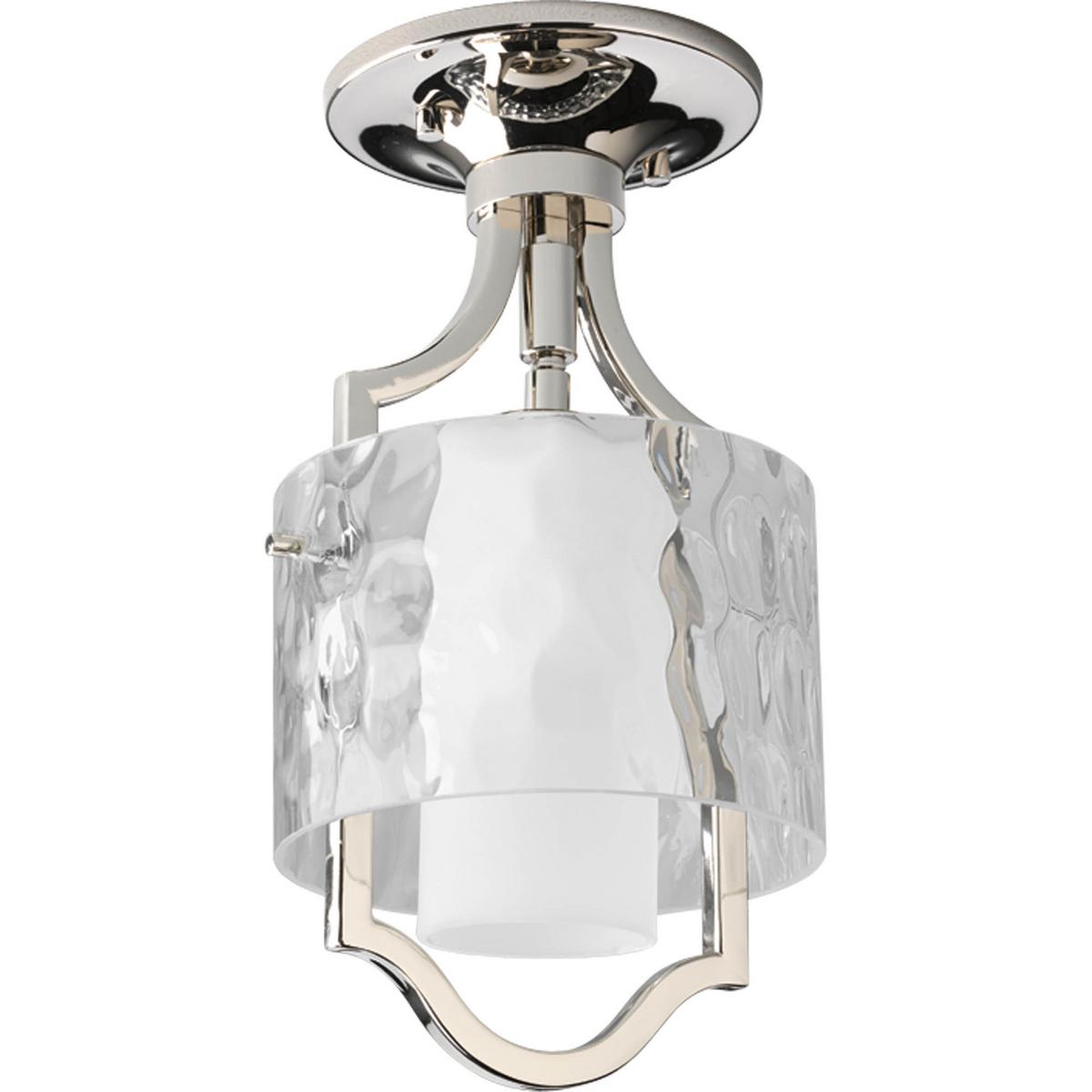 Hubbell P5044-104WB One-light pendant/semi-flush convertible fixture with bulb. Caress features a chic, sophisticated one-light semi-flush featuring a Polished Nickel metal frame with layered glass diffusers to cast a glimmering light. An outer shade of clear, water glass ad
