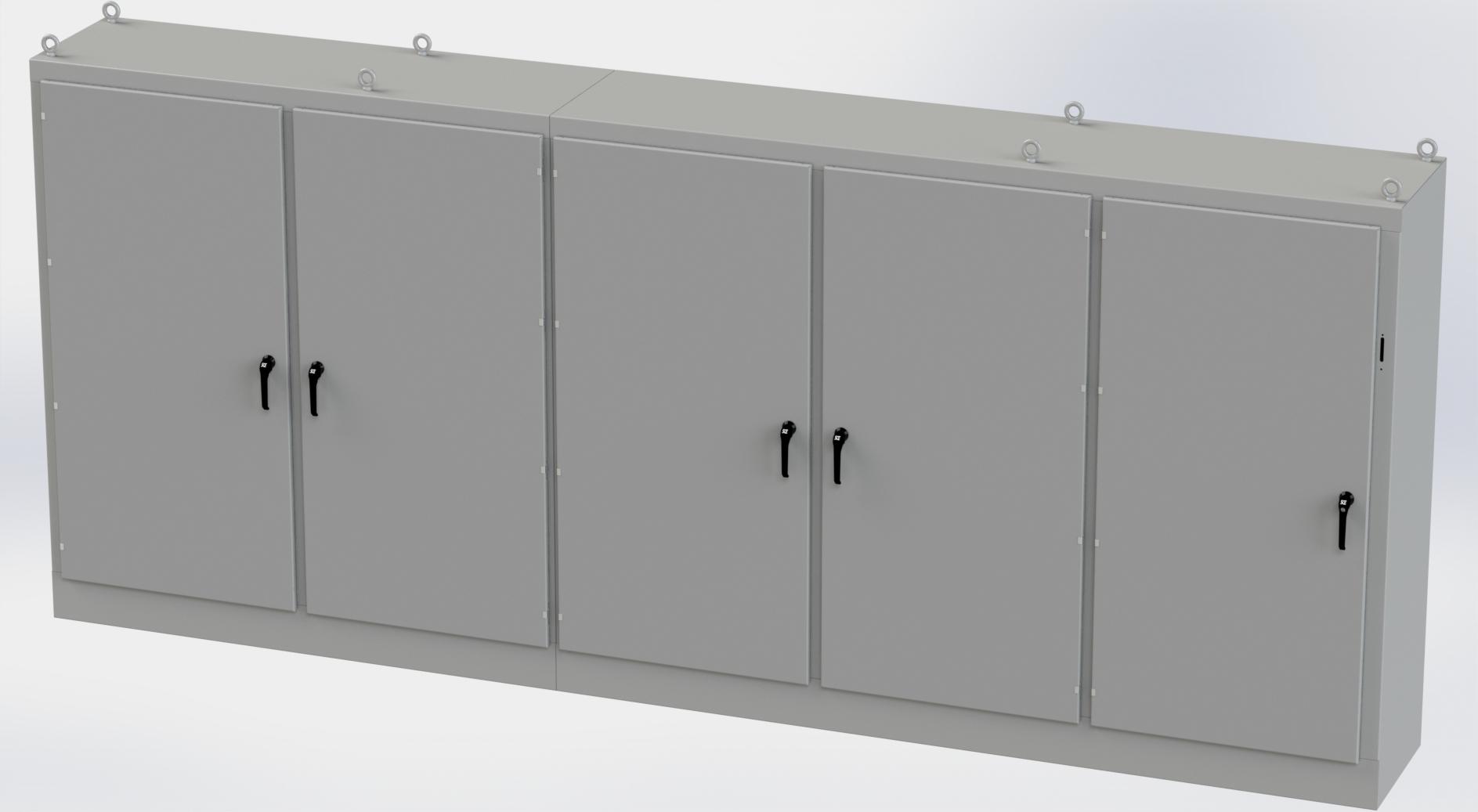 Saginaw Control SCE-84XM5EW24 5DR XM Enclosure, Height:84.00", Width:196.75", Depth:24.00", ANSI-61 gray powder coating inside and out. Sub-panels are powder coated white.