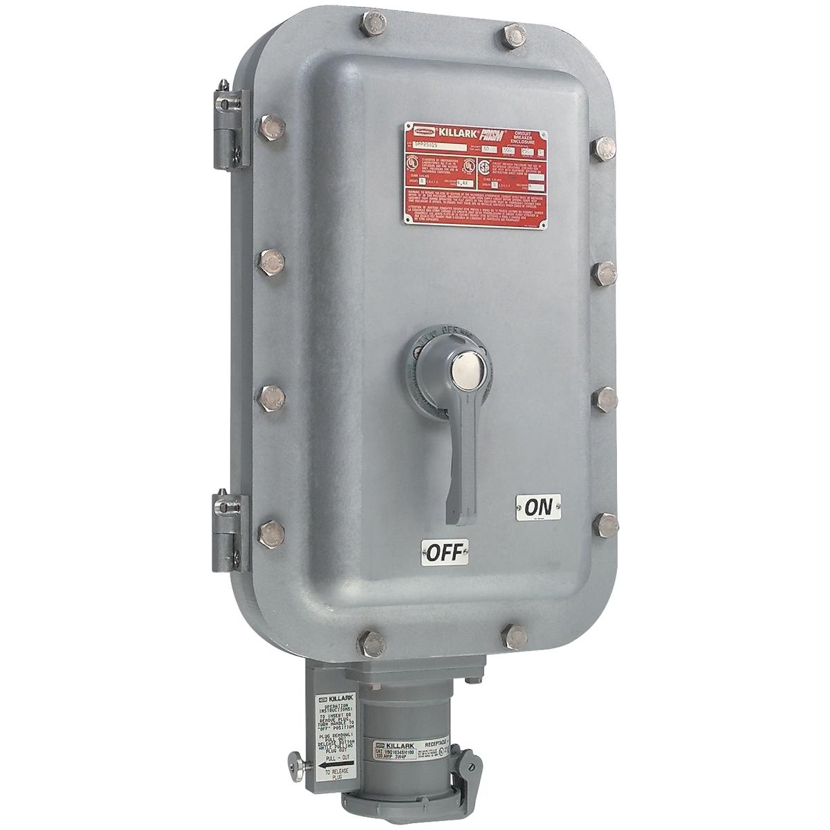 Hubbell VBQ6023CH50 Cutler-Hammer - FD Series 60A Receptacle 50A Breaker 2W3P  ; Plug Interlock Mechanism for Dead-Front construction. Switch cannot be turned “ON” without fully inserted plug. Plug cannot be removed with switch in “ON”position ; Ground Fault Options Availabl