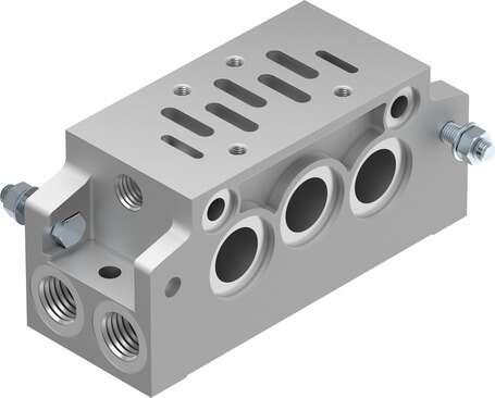 Festo 152789 manifold sub-base with 90° connections NAVW-1/4-1-ISO With port pattern as per DIN ISO 5599/1, for manifold assembly, connections at side and underneath. Conforms to standard: ISO 5599-1, Operating medium: Compressed air in accordance with ISO8573-1:2010 