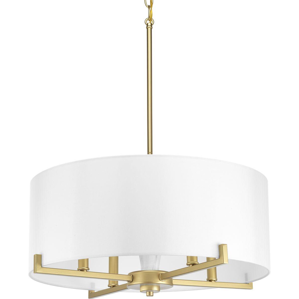 Hubbell P500108-078 An intriguing fashion-forward lighting collection, Palacio pairs a Vintage Gold finish with faux white marble column for a stunningly elegant design. White silk shade complement gold accents to create a statement-making style. Four-light pendant is Ideal 