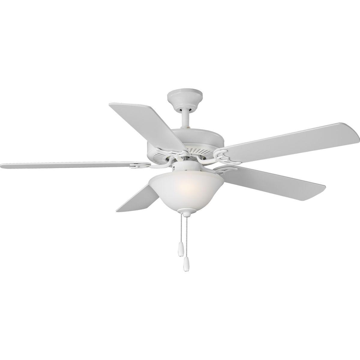 Hubbell P2599-30 A 52 in two-light, five-blade fan with reversible blades and a beautifully crafted white etched glass bowl. Powerful AirPro motor features 3-speed control that can also be reversed to provide year-round comfort. Two medium-based LED lamps are included (no