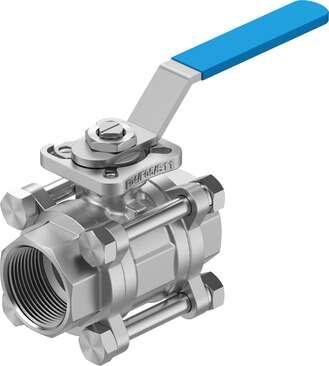 Festo 8096668 ball valve VZBE-11/4-T-63-T-2-F0405-M-V15V15 Design structure: 2-way ball valve, Type of actuation: mechanical, Sealing principle: soft, Assembly position: Any, Mounting type: Line installation