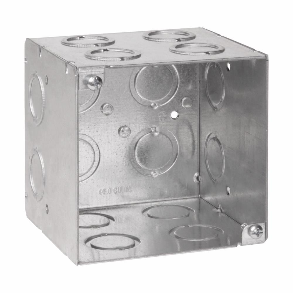 Eaton Corp TP413 Eaton Crouse-Hinds series Square Outlet Box, (2) 1/2", (2) 3/4", 4", Conduit (no clamps), Welded, 3-1/2", Steel, (8) 1/2", (1) 3/4" C, (4) 3/4", (4) 1", 50.0 cubic inch capacity