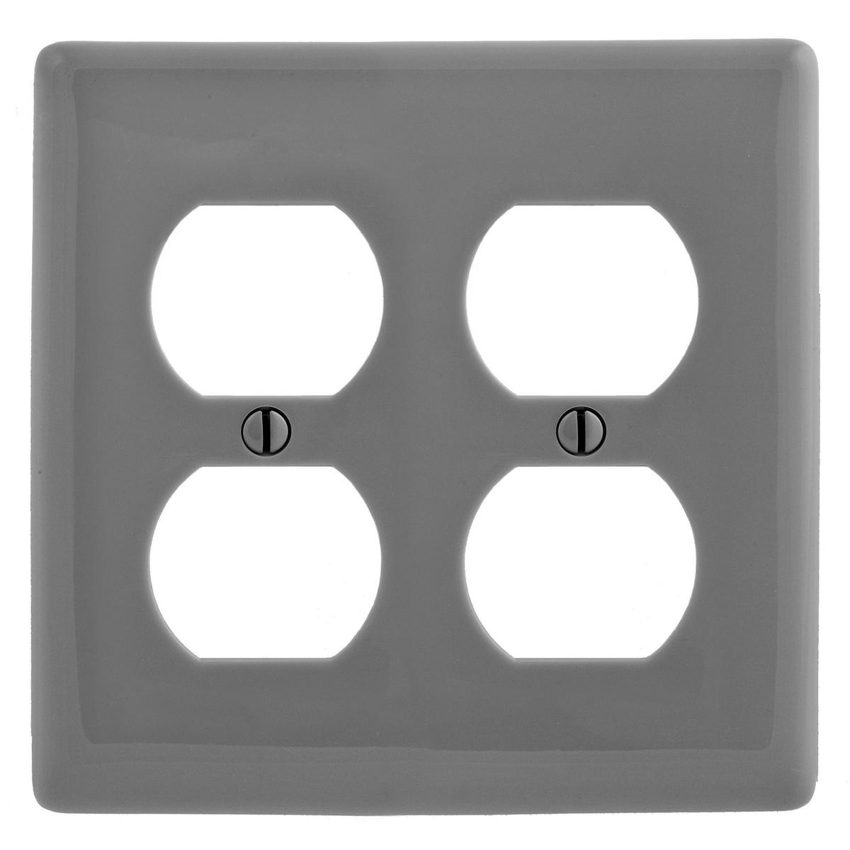 Hubbell NP82GY Wallplates and Box Covers, Wallplate, Nylon, 2-Gang, 2) Duplex, Gray  ; Reinforcement ribs for extra strength ; Captive screw feature holds mounting screw in place ; High-impact, self-extinguishing nylon material ; Standard Size is 1/8" larger to give you