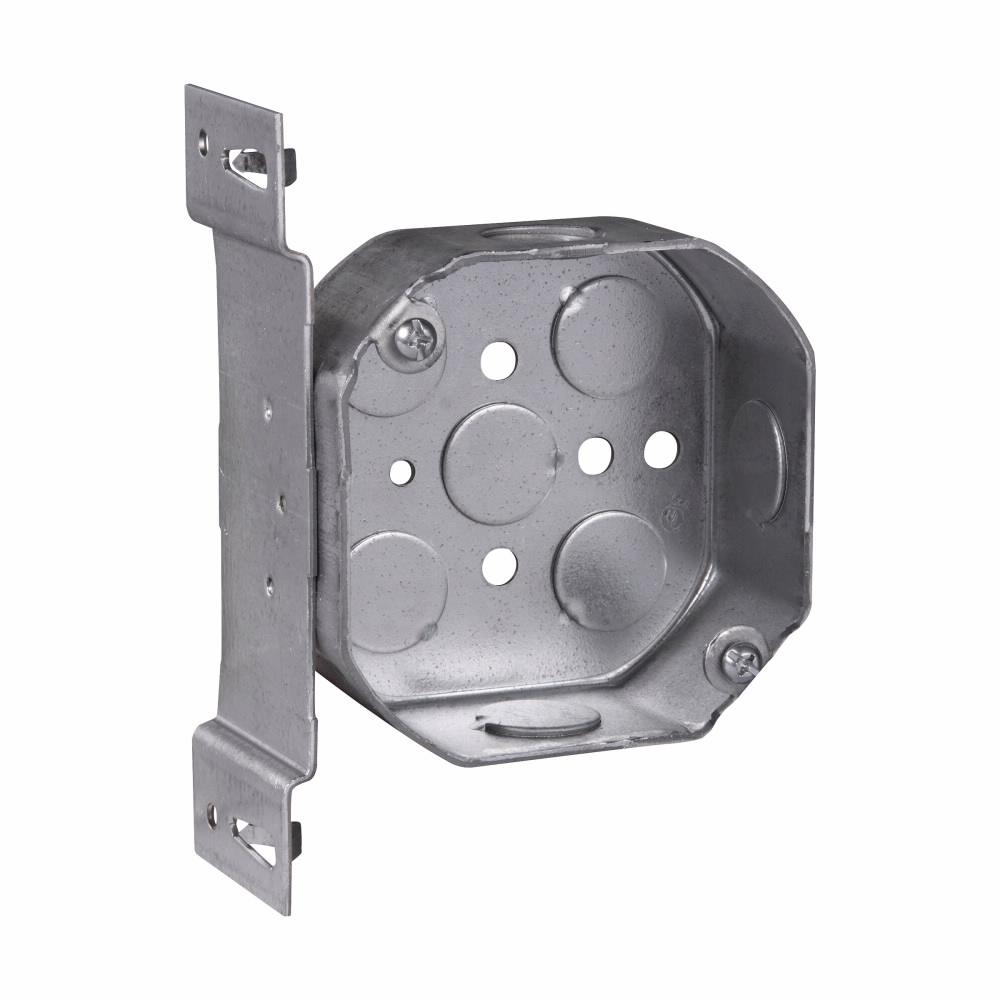 Eaton TP282 Eaton Crouse-Hinds series Octagon Outlet Box, (5) 1/2", 4", S, set 1/2", Conduit (no clamps), 1-1/2", Steel, (3) 1/2", Fixture rated, 15.5 cubic inch capacity