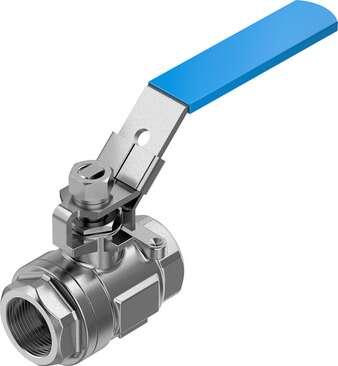 Festo 4745219 ball valve VZBE-1-T-63-D-2-M-V15V15 Stainless steel, manual version, 2/2-way, nominal width 1", PN63, ASME B1.20.1 - NPT. Design structure: 2-way ball valve with hand lever, Type of actuation: mechanical, Sealing principle: soft, Assembly position: Any, M