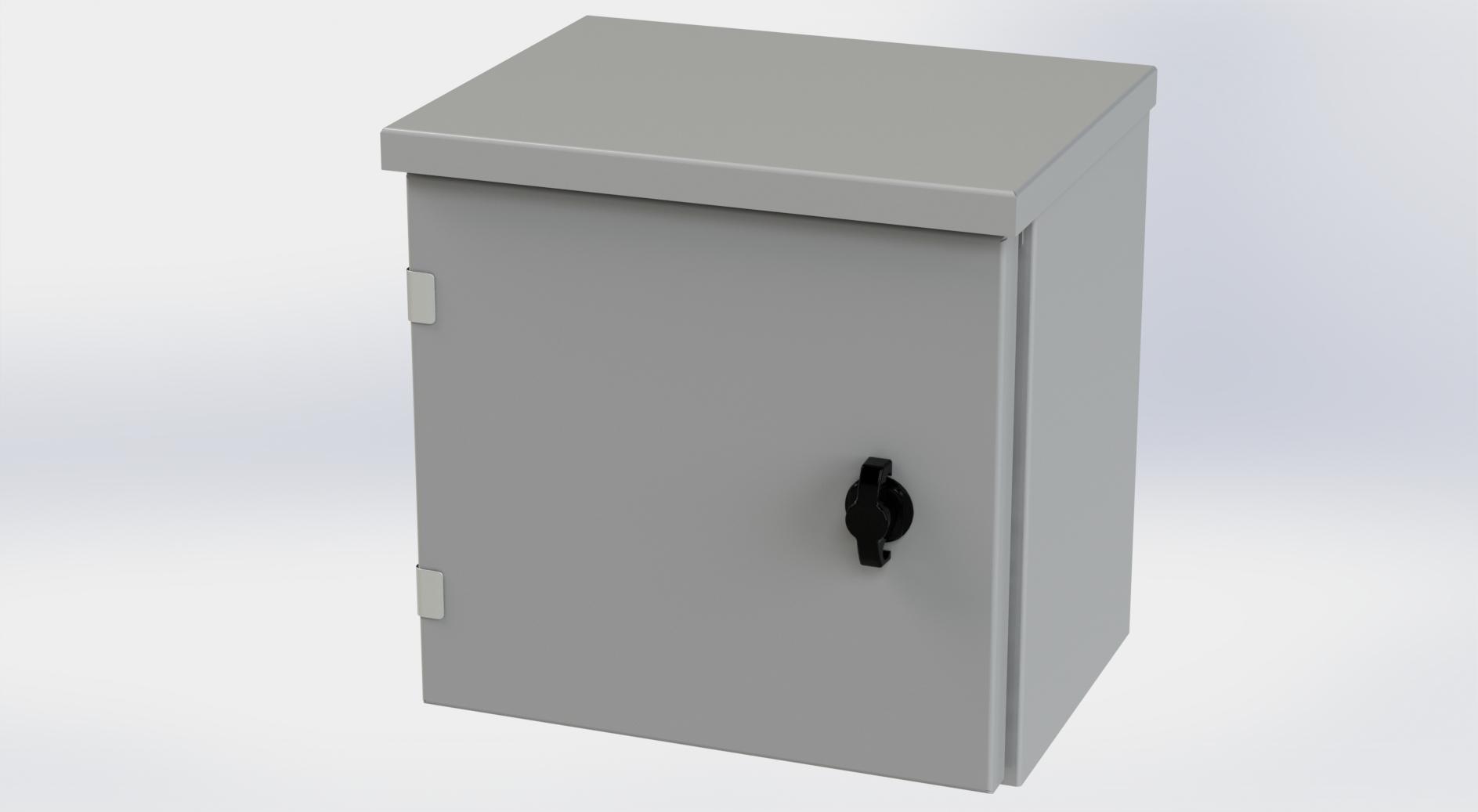 Saginaw Control SCE-12R1208LP Type-3R Hinged Cover Enclosure, Height:12.00", Width:12.00", Depth:8.00", ANSI-61 gray powder coating inside and out. Optional sub-panels are powder coated white.