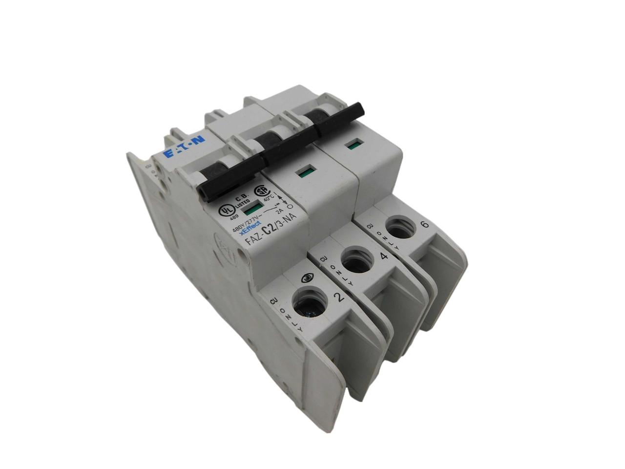 Eaton FAZ-C2/3-NA 277/480 VAC 50/60 Hz, 2 A, 3-Pole, 10/14 kA, 5 to 10 x Rated Current, Screw Terminal, DIN Rail Mount, Standard Packaging, C-Curve, Current Limiting, Thermal Magnetic