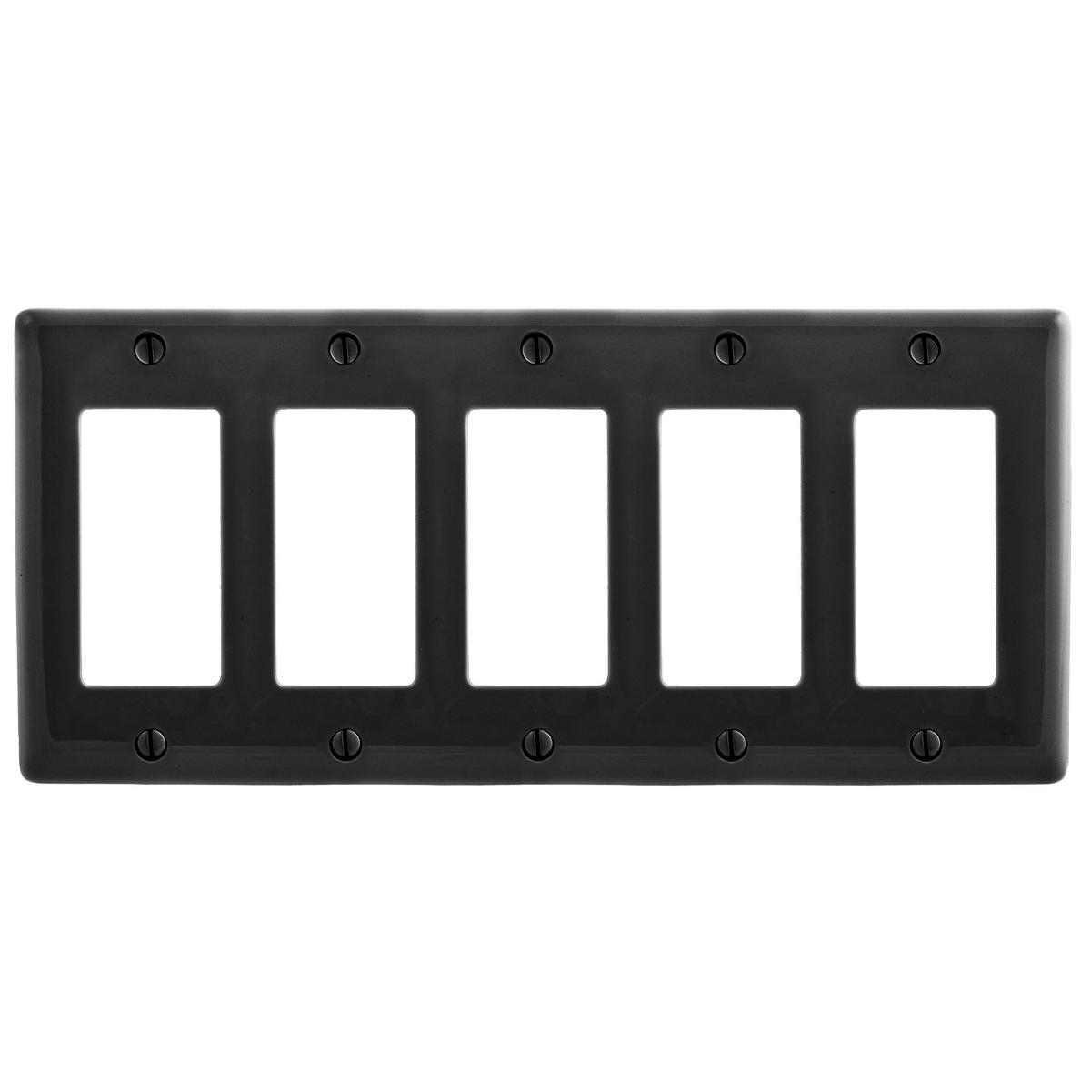 Hubbell NP265BK Wallplates and Box Covers, Wallplate, Nylon, 5-Gang, 5) Decorator, Black  ; Reinforcement ribs for extra strength ; High-impact, self-extinguishing nylon material ; Captive screw feature holds mounting screw in place ; Standard Size is 1/8" larger to give