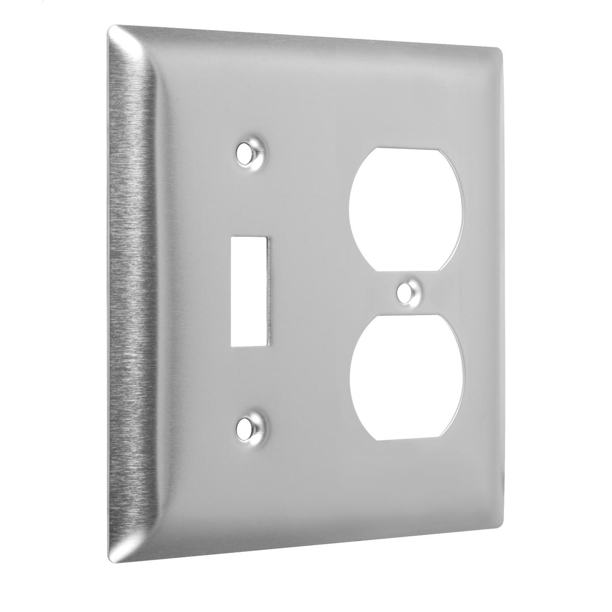 Hubbell WSS-TD 2-Gang Metal Wallplate, Standard, Toggle/Duplex, Stainless Steel  ; Easily primed and painted to match or complement walls. ; Won't bow, crack or distort during installation. ; Premium North American powder coat. ; Includes screw(s) in matching finish.