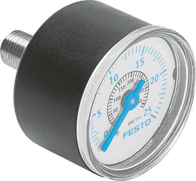 Festo 183902 pressure gauge MA-40-25-G1/4-EN Indicating range [bar]: 0 - 25 bar, Conforms to standard: EN 837-1, Nominal size of pressure gauge: 40, Design structure: Bourdon-tube pressure gauge, Mounting type: Line installation
