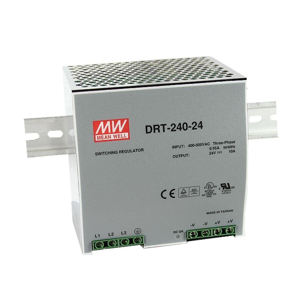 MEAN WELL DRT-240-24 AC-DC Industrial DIN rail power supply; Output 24Vdc at 10A; metal case; 3-phase input; DRT-240-24 is succeeded by TDR-240-24.