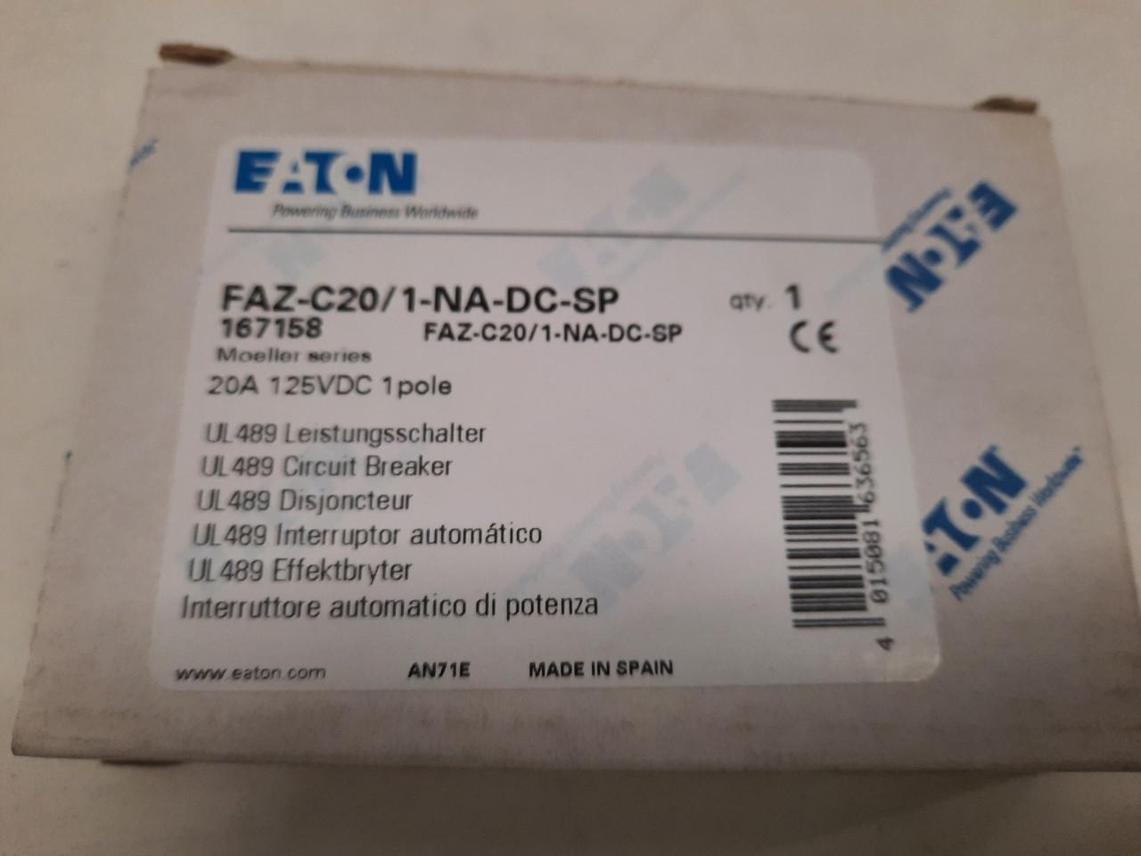 Eaton FAZ-C20/1-NA-DC-SP Eaton FAZ branch protector,UL 489 Industrial miniature circuit breaker-supplementary protector,Single package,Medium levels of inrush current are expected,20A,10 kAIC,Single-pole,125 Vdc per pole,5-10X/n,Q38,50-60 Hz,Screw terminals,C Curve