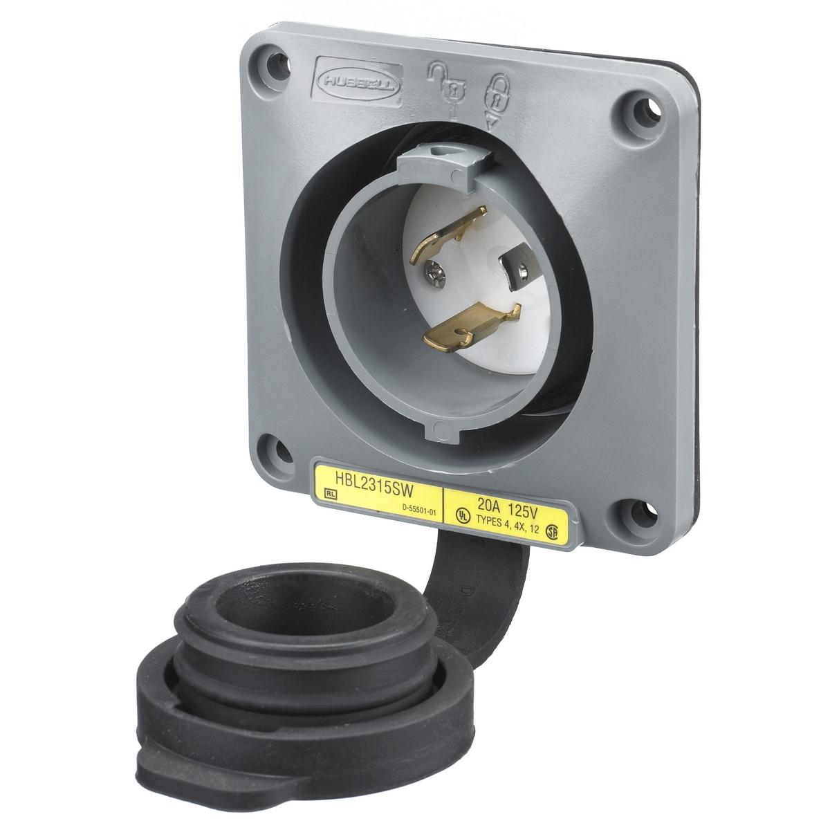 Hubbell HBL2315SW Watertight Safety-Shroud®, Locking Devices, Twist-Lock®, Flanged Inlet, 20A 125V AC, 2-Pole 3-Wire Grounding, NEMA L5-20P, Screw Terminal, Gray  ; UL Type 4X Environmental seal protects connection while in use. ; One-piece, engineered thermoplastic housin