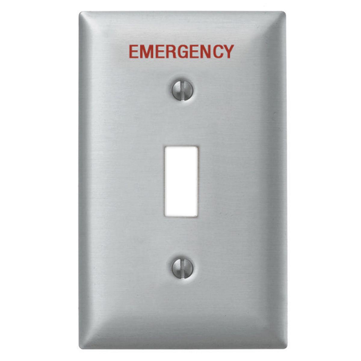 Hubbell SS1ME Wallplates and Boxes, Metallic Plates, 1-Gang, 1) Toggle Openings,  Standard Size, Engraved "Emergency", Stainless Steel  ; Ideal for highly corrosive environments ; Non-magnetic ; Protective plastic film helps to prevent scratches and damage ; Protective