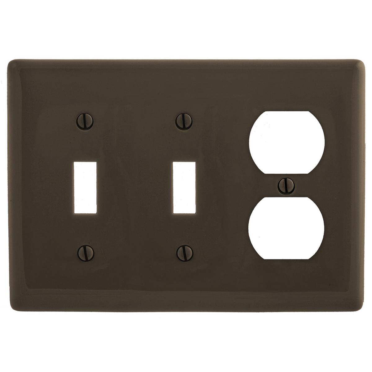 Hubbell NPJ28 Wallplates, Nylon, Mid-Sized, 3-Gang, 2) Toggle, 1) Duplex, Brown  ; Reinforcement ribs for extra strength ; High-impact, self-extinguishing nylon material ; Captive screw feature holds mounting screw in place ; Standard Size is 1/8" larger to give you ex