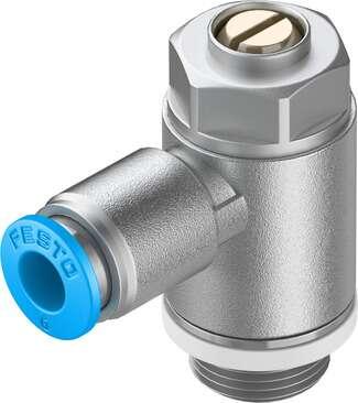 Festo 193146 one-way flow control valve GRLA-1/4-QS-6-D Valve function: One-way flow control function for exhaust air, Pneumatic connection, port  1: QS-6, Pneumatic connection, port  2: G1/4, Adjusting element: Slotted head screw, Mounting type: Threaded
