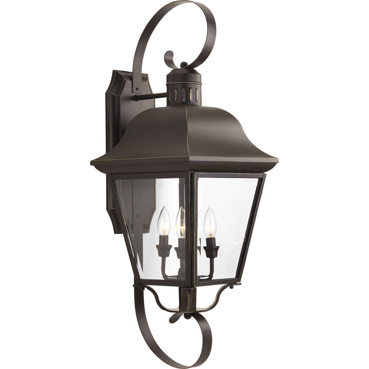 Hubbell P5627-20 The Andover collection four-light extra-large wall lantern with aluminum construction, offers a mixture of traditional and country style for a variety of applications. Beveled glass panels allow optimum brightness. Hinged door for easy relamping.  ; Lante
