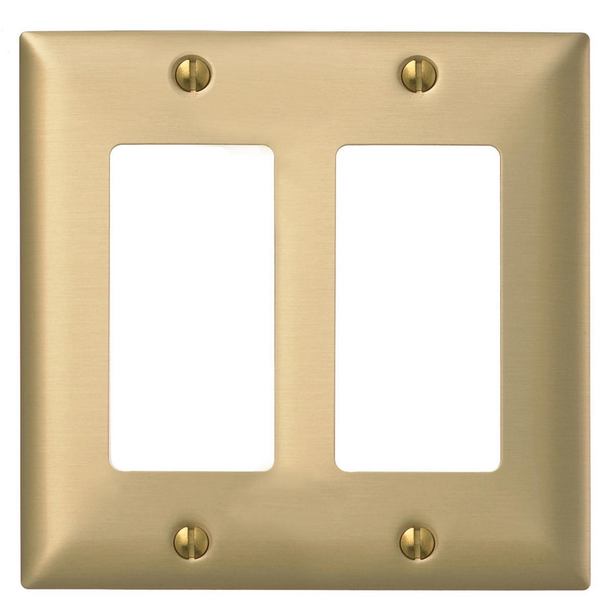 Hubbell SBP262 Wallplates and Boxes, Metallic Plates, 2- Gang, 2) Decorator Openings, Standard Size, Brass Plated Steel  ; Provides a plush appearance with the durability of metal ; Finish is lacquer coated to inhibit oxidation ; Protective plastic film helps to prevent