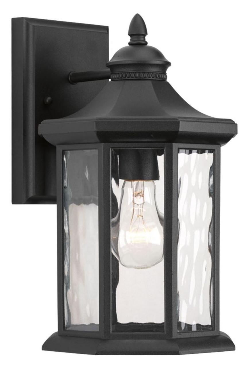 Hubbell P6071-31 One-light medium wall lantern with a distinct octagonal shape for classic styling, highlighted by clear water glass elements.  ; Black finish. ; Distinct octagonal shape. ; Classic styling. ; Clear water glass elements.