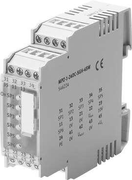 Festo 546224 setpoint module MPZ-1-24DC-SGH-6-SW For proportional technology. Display, active setpoint: Yellow LED, Ready status display: Green LED, Operating voltage range DC: 20 - 30 V, Input resistance, external setpoint input: Typically 100 kOhm, Input resistance,