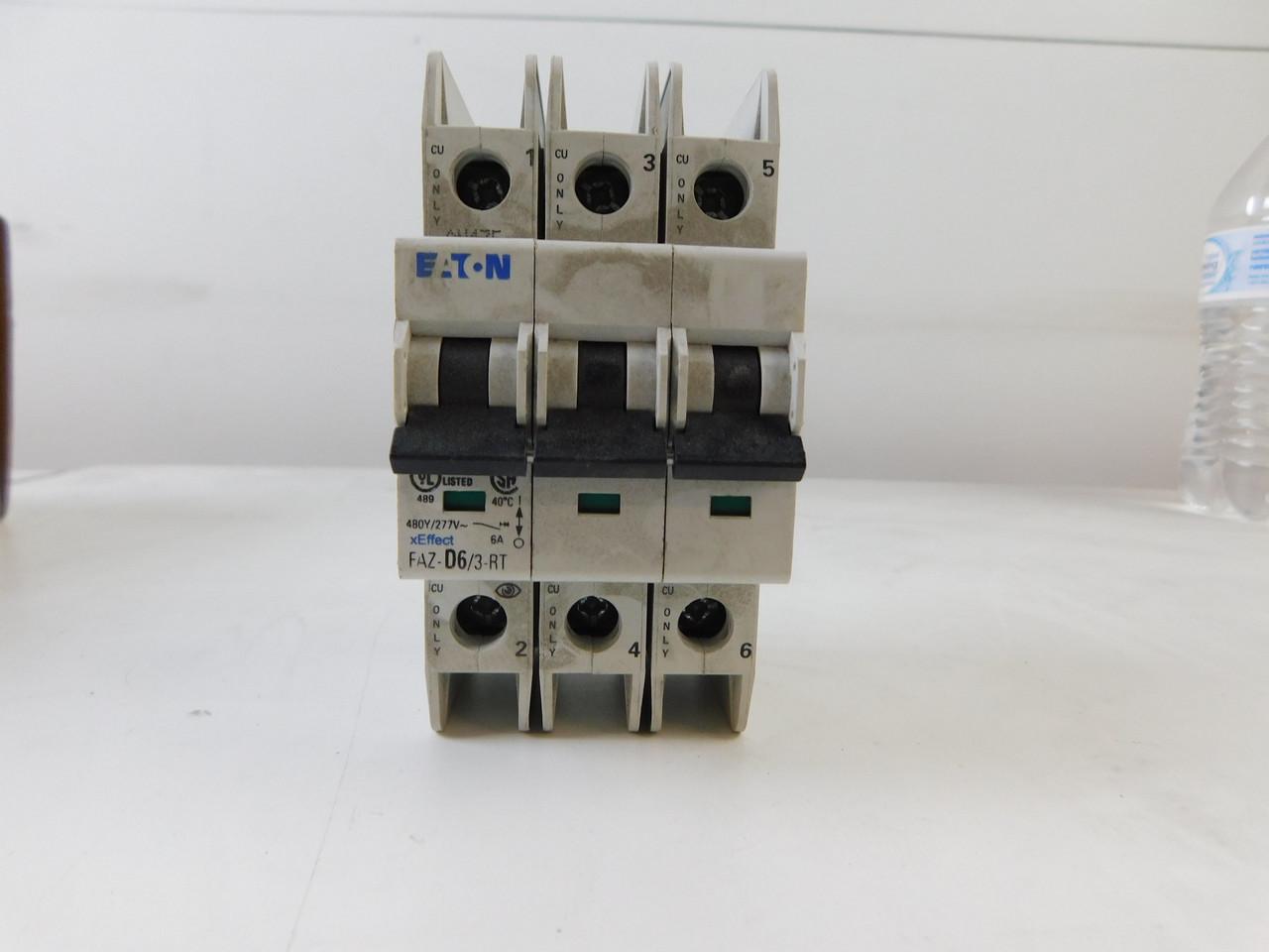 Eaton FAZ-D6/3-RT 277/480 VAC 50/60 Hz, 6 A, 3-Pole, 10/14 kA, 10 to 20 x Rated Current, Ring Tongue Terminal, DIN Rail Mount, Standard Packaging, D-Curve, Current Limiting, Thermal Magnetic