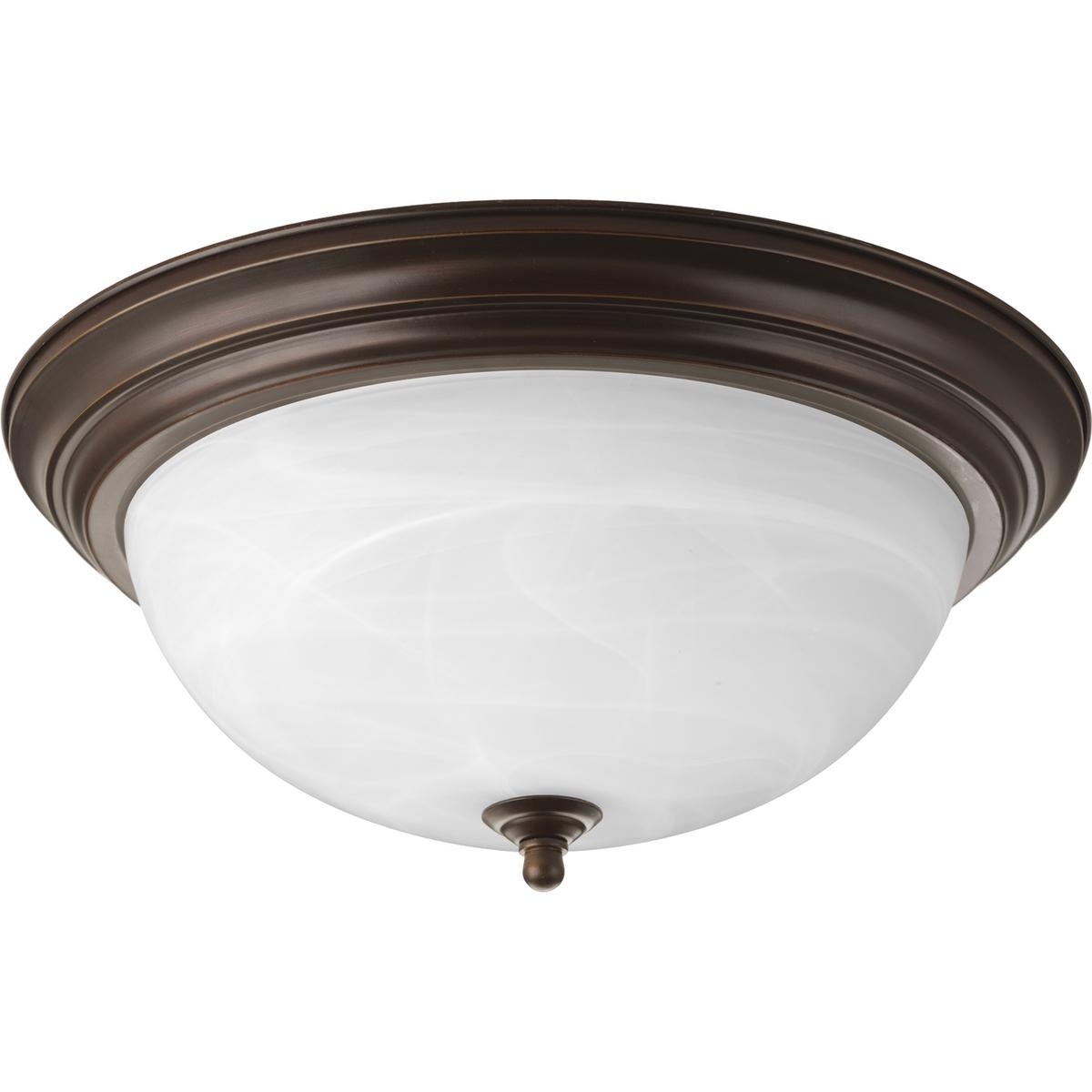 Hubbell P3926-20 Three-light flush mount with dome shaped alabaster glass, solid trim and decorative knobs. Center lock-up with matching finial. Antique Bronze finish.  ; Antique Bronze finish. ; Alabaster Glass. ; Decorative details.