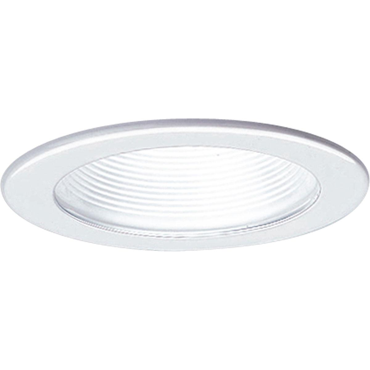 Hubbell P8044-28 4" Step Baffle trim in a White finish with white powder coated flanges to match the baffle finish. 360 positioning. 5" outside diameter.  ; White finish. ; White powder coated flange. ; No light leaks around trim flange.
