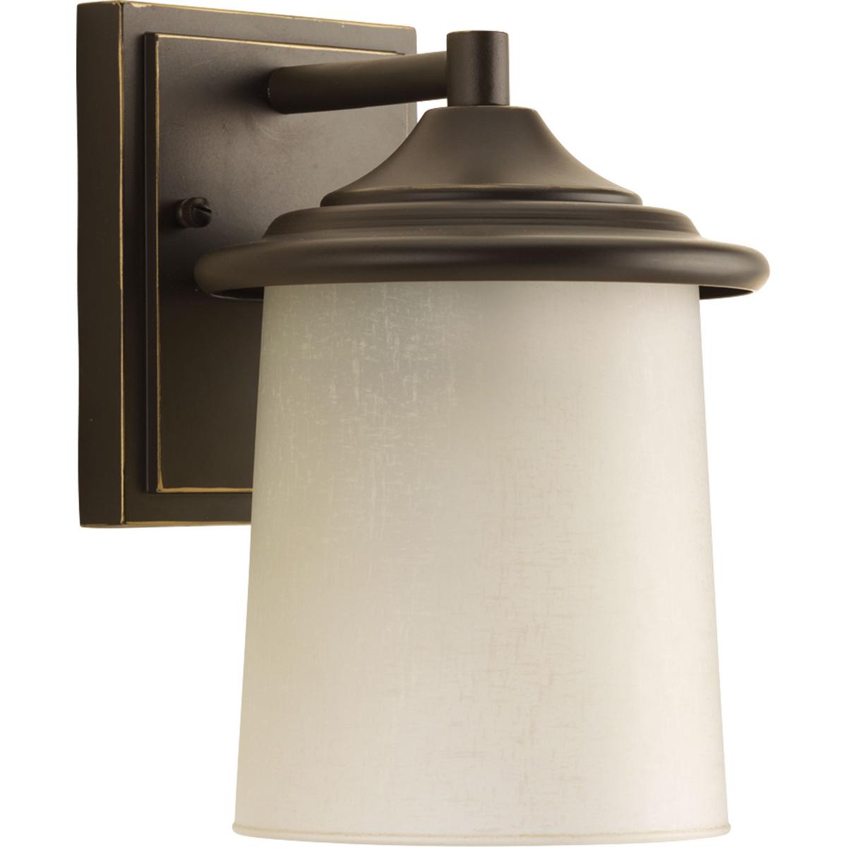 Hubbell P6059-20 Outdoor one-light small wall lantern with an etched umber linen glass shade in an Antique Bronze finish.  ; Antique Bronze finish. ; Etched umber linen glass. ; Powdercoat finish.