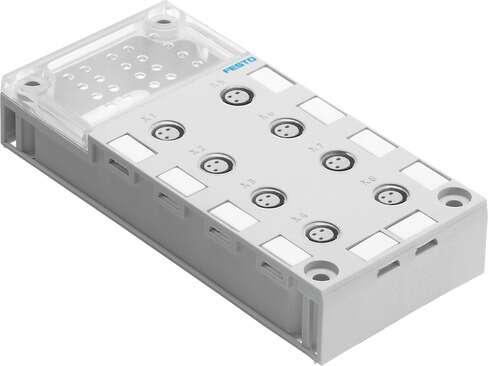 Festo 195706 manifold block CPX-AB-8-M8-3POL for modular electrical terminal CPX. Corrosion resistance classification CRC: 1 - Low corrosion stress, Protection class: (* IP65, * IP67), Product weight: 62 g, Electrical connection: (* 3-pin, * 8x socket, * M8), Material