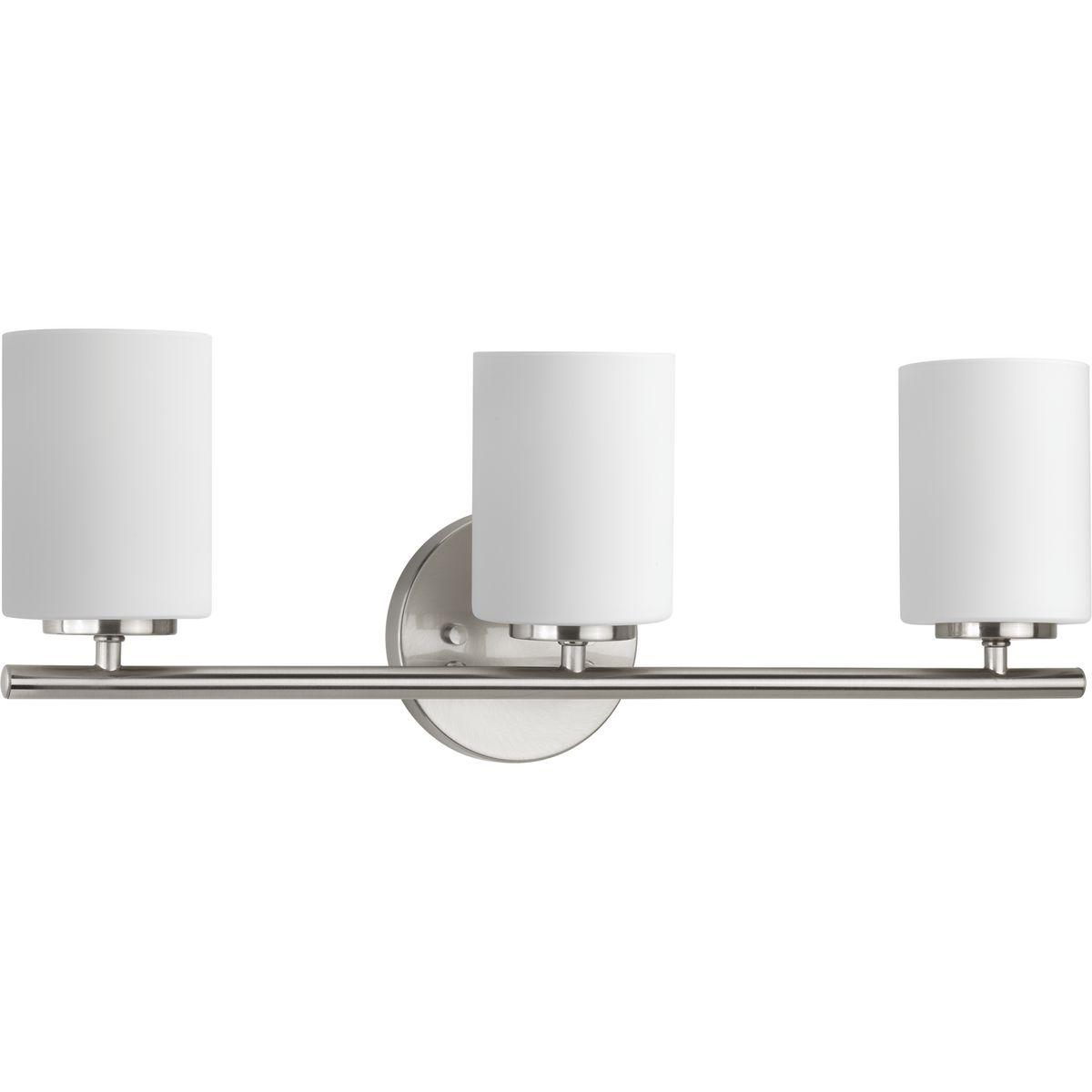 Hubbell P2159-09 Three-light bath & vanity from the Replay Collection, smooth forms, linear details and a pleasingly elegant frame enhance a simplified modern look. Fixture can be mounted up or down. Brushed Nickel finish.  ; Ideal for a bathroom ; Perfect for modern and 
