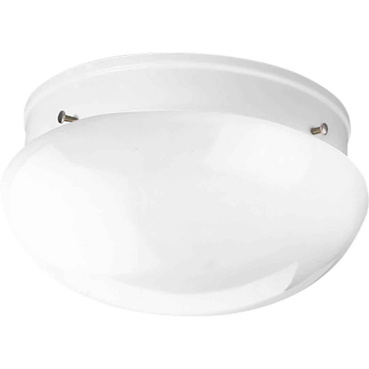 Hubbell P3410-30 A traditional two-light close-to-ceiling fixture featuring a White glass bowl and a White finish. The fixture is ideal in a bathroom setting or hall/foyer.  ; White finish. ; White glass bowl. ; Steel construction. ; Requires two (2) 60-watt bulbs (not in