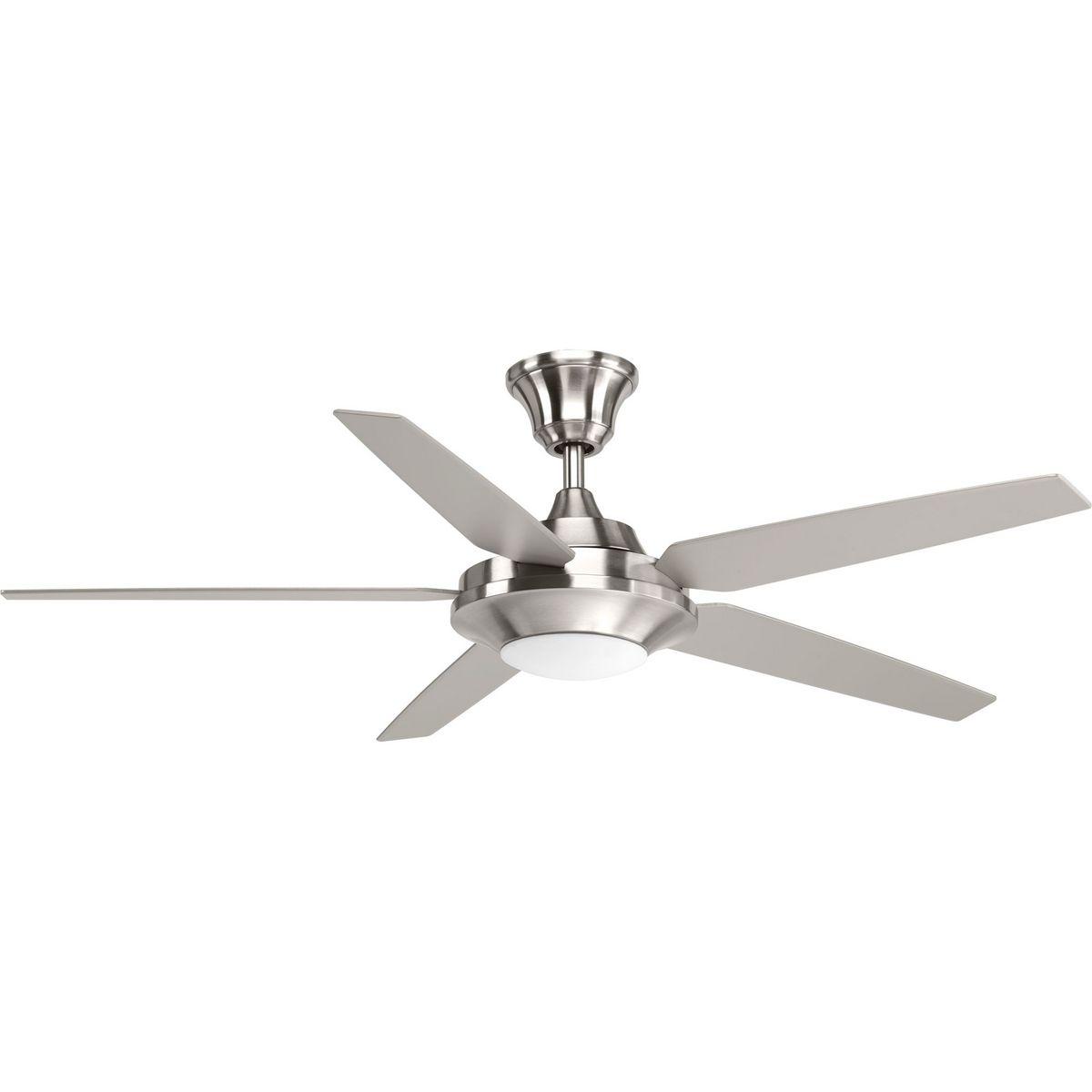 Hubbell P2539-0930K Five-blade 54 inch Signature Plus II ceiling fan with five reversible blades in silver and driftwood. The LED light source, offering both form and function with energy- and cost-savings benefits, contains a white opal shatterproof shade and is comprised o