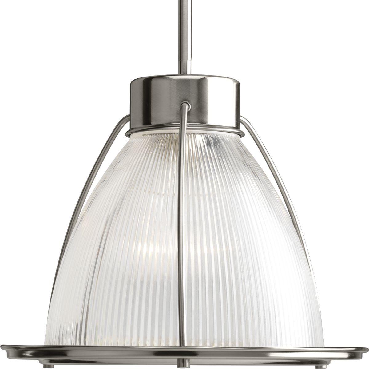 Hubbell P5182-09 One-light 12-3/4" pendant with prismatic glass shade for a sleek industrial look. Clear prismatic glass is highlighted with brushed nickel accents.  ; Brushed Nickel finish. ; Bold and striking Prismatic Glass shade. ; A sleek industrial look. ; Includes 