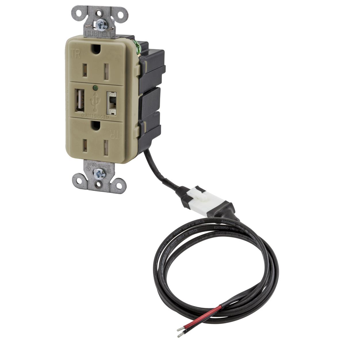 Hubbell AVPS152I USB Charger Tamper-Resistant Receptacle, (1) USB Port 5A, 5V DC output, 15A, 125V AC Decorator Duplex, Ivory 