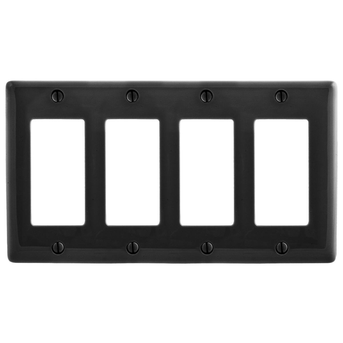 Hubbell NPJ264BK Wallplates, Nylon, Mid-Sized, 2-Gang, 2) Decorator, Black  ; Reinforcement ribs for extra strength ; Curved corners for improved aesthetics ; High-impact, self-extinguishing nylon material ; Standard Size is 1/8" larger to give you extra coverage to hide 