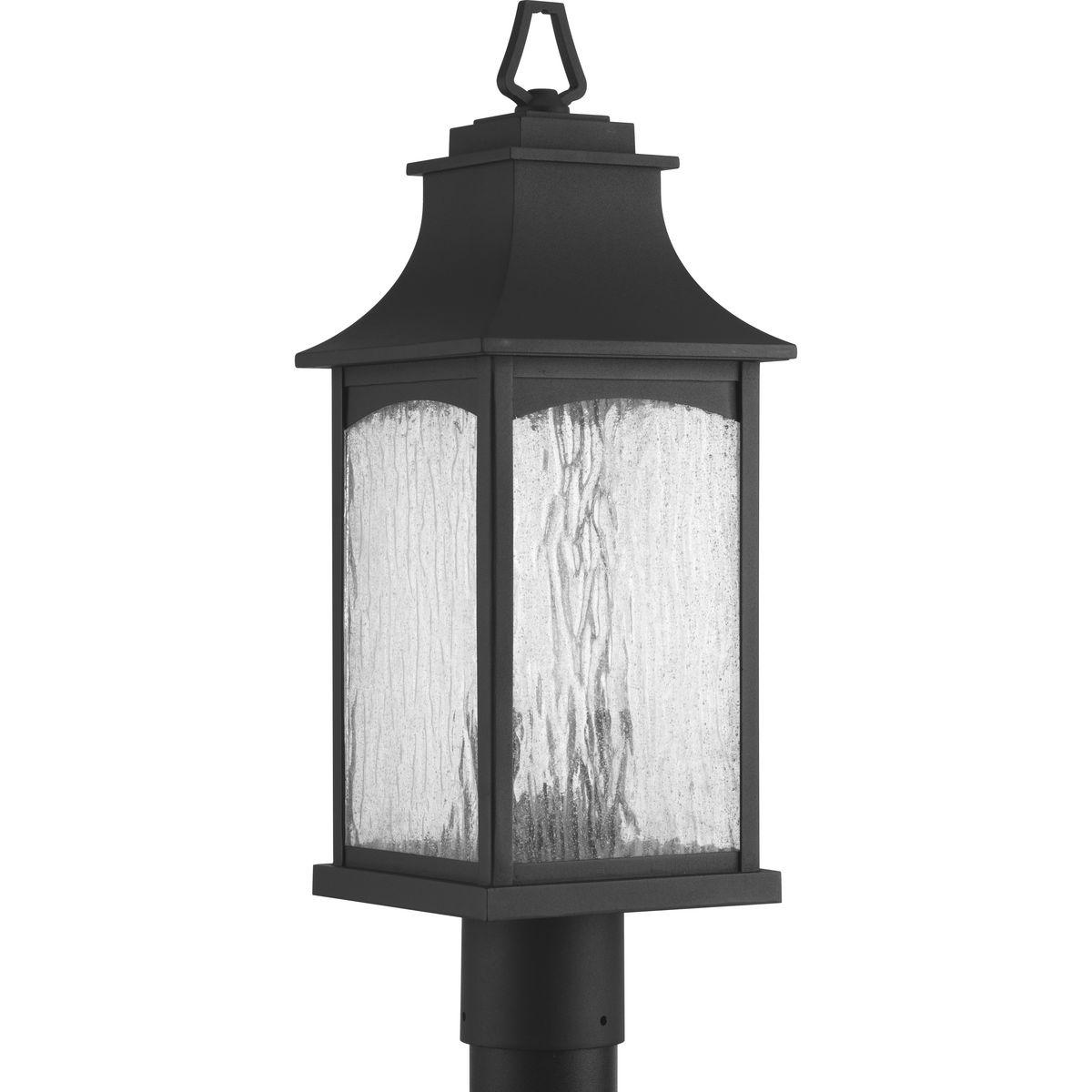 Hubbell P6432-31 Two-light post lantern in the Maison Collection offers traditional French country styling for a variety of home settings. Classic and formal clear water seeded glass complements the powder coat finish. Black finish.  ; Traditional French country styling. 