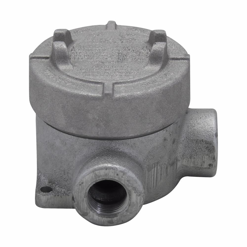 Eaton EAJL16 Eaton Crouse-Hinds series Condulet EAJ conduit outlet box with cover, 3-3/16" cover opening diameter, Feraloy iron alloy, L shape, 1/2"